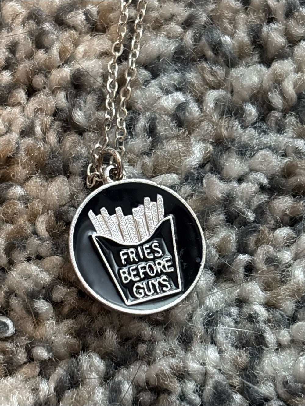 Claire's Black and Silver 'Fries Before Guts' Pendant Necklace